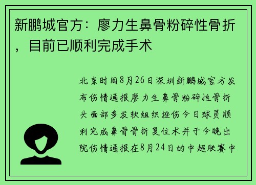 新鹏城官方：廖力生鼻骨粉碎性骨折，目前已顺利完成手术